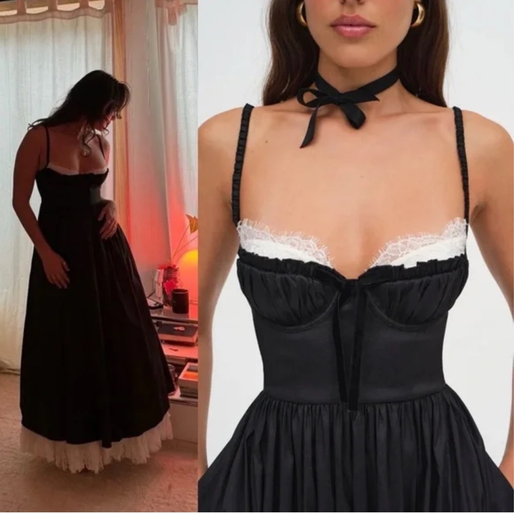 For Love & Lemons Doris Black Sweetheart Neckline Lace Formal Midi Dress Medium - Picture 2 of 15